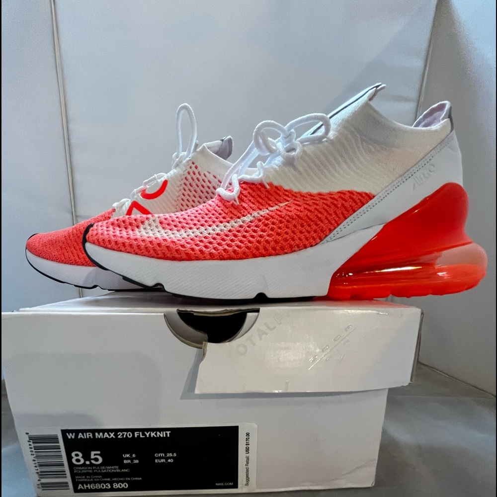 Nike Air Max 270 Flyknit brand new with box. Pulse white/crimson, womens, 8.5.